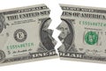 Close up of US One Dollar bill torn in half isolated Royalty Free Stock Photo