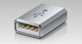 A close-up of a USB connector with a metallic silver casing, featuring a USB symbol Royalty Free Stock Photo