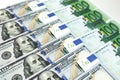 Close up of usd and euro 100 bills Royalty Free Stock Photo