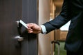 Close-up of using keycard to open the door or scan keycard open door for chance