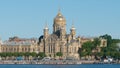 CLOSE UP: Uspenskaya church on Vasilievsky Island and Neva river in the summer