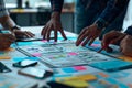 Close up ux developer and ui designer brainstorming at office. Creative digital development agency