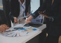 Close up ux developer and ui designer use augmented reality brainstorming about mobile app interface wireframe design on desk at Royalty Free Stock Photo