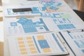 Close up ux developer and ui designer use augmented reality brainstorming about mobile app interface wireframe design on desk at Royalty Free Stock Photo