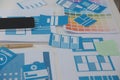 Close up ux developer and ui designer use augmented reality brainstorming about mobile app interface wireframe design on desk at Royalty Free Stock Photo
