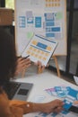 Close up ux developer and ui designer use augmented reality brainstorming about mobile app interface wireframe design on desk at Royalty Free Stock Photo