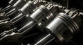 Close-up of a V8 engine\'s pistons and connecting rods, highlighting precision engineering and metallic textures. Royalty Free Stock Photo