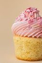 Close-up of vanilla cupcake with pink whipped butter cream top. Cream cheese frosting on muffin decorated with little pink heart Royalty Free Stock Photo