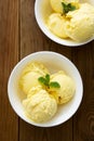 Close up Vanilla ice cream scoops sundae in bowl on wooden background Royalty Free Stock Photo