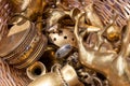 Close up of a variety of brass collectible objects