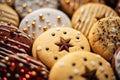 a close up of a variety of christmas cookies