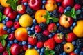 Close up of variety of colorful fruits including apples and oranges. Generative AI Royalty Free Stock Photo