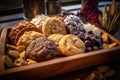 close-up of a variety of cookies on a wooden tray Royalty Free Stock Photo