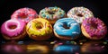 Close-up of variety of glazed delicious festive donuts with colourful sprinkles