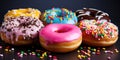 Close-up of variety of glazed delicious festive donuts with colourful sprinkles