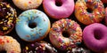 Close-up of variety of glazed delicious festive donuts with colourful sprinkles