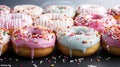 Close-up of variety of glazed delicious festive donuts with colourful sprinkles. Generative AI