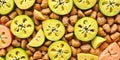 A close up of a variety of nuts and fruit, including a lime Royalty Free Stock Photo