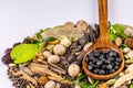 Close-up of variety of spices with green leaves and herbal drugs in wooden spoon on white background Royalty Free Stock Photo