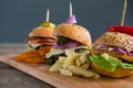 Close up of Various burgers with French fries Royalty Free Stock Photo