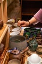 Close-up of various Chinese tea sets on shelves Royalty Free Stock Photo