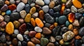 Close up of various colored rocks and stones including orange black white and brown. Generative AI Royalty Free Stock Photo