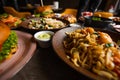 Close-up of various colorful appetizing food on wooden table in restaurant cafe. Pasta with shrimps. Salad. Burgers.
