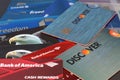 Close up of various credit cards against dark background. Royalty Free Stock Photo