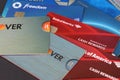 Close up of various credit cards against dark background. Royalty Free Stock Photo