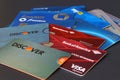 Close up of various credit cards against dark background. Royalty Free Stock Photo