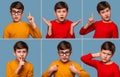 Close up various emotional portraits of boy wearing yellow abd red shorts on blue background in studio