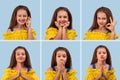 Close up various emotional portraits of young blonde smiling girl wearing yellow sundress on blue background,