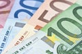 Close up of various euros banknotes, colorful money background, european currency cash