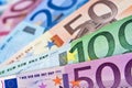 Close up of various euros banknotes, colorful money, european currency cash concept Royalty Free Stock Photo