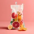 Close-up Of Various Fruit Slices In Saline Bag Dip In Water Against pink Background Royalty Free Stock Photo