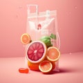 Close-up Of Various Fruit Slices In Saline Bag Dip In Water Against pink Background Royalty Free Stock Photo