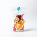 Close-up Of Various Fruit Slices In Saline Bag Dip In Water Against White Background Royalty Free Stock Photo