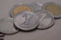Close-up of various Georgian lari and tetri coins Royalty Free Stock Photo