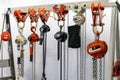 Close up various kind of industrial manual chain hoist such as hand pull and lever type for lifting object and reduce work load Royalty Free Stock Photo