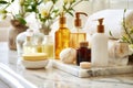 close-up of various skincare products on bathroom counter Royalty Free Stock Photo