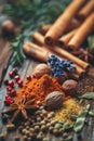 A close-up various spices and herbs, including star anise, red chili powder, cinnamon sticks and assorted peppercorns Royalty Free Stock Photo