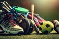 Close-up Of Various Sport Equipments On Pitch Against Bokeh Background. Generative AI