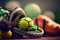 Close-up Of Various Sport Equipments On Pitch Against Bokeh Background. Generative AI