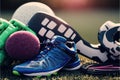 Close-up Of Various Sport Equipments On Pitch Against Bokeh Background. Generative AI