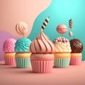 Close-up of Various Sweet Cupcakes. Sweet Food 3d, Realistic Set of Delicious Cakes. Cake, Donut, Croissant, Cupcake, Ice Cream, Royalty Free Stock Photo