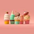 Close-up of Various Sweet Cupcakes. Sweet Food 3d, Realistic Set of Delicious Cakes. Cake, Donut, Croissant, Cupcake, Ice Cream, Royalty Free Stock Photo