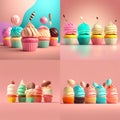 Close-up of Various Sweet Cupcakes. Sweet Food 3d, Realistic Set of Delicious Cakes. Cake, Donut, Croissant, Cupcake, Ice Cream, Royalty Free Stock Photo