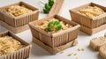 close up of various types of pasta in cardboard boxes on white background Royalty Free Stock Photo