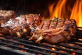 close up of veal chops grilling over fiery coals