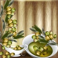 Close up vector background with olives branch and olive oil on w